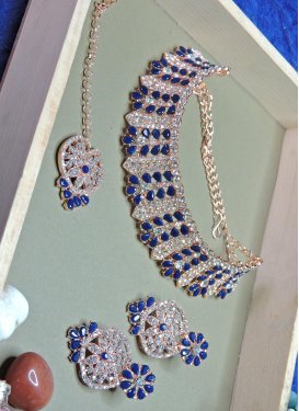 Regal Navy Blue and White Stone Work Gold Rodium Polish Necklace Set