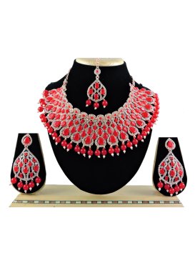 Regal Red and White Beads Work Gold Rodium Polish Necklace Set