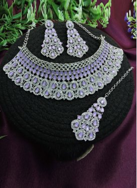 Regal Silver Rodium Polish Violet and White Stone Work Necklace Set