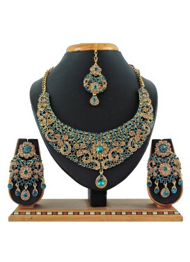 Regal Stone Work Gold and Teal Alloy Necklace Set