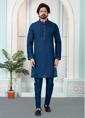 Resham Work Art Silk Kurta Pajama in Blue for Men
