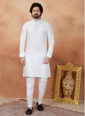 Resham Work Art Silk Kurta Pajama in Off White for Ceremonial