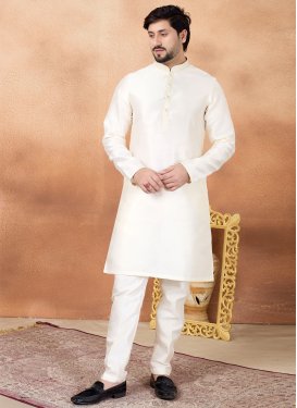 Resham Work Art Silk Kurta Pajama in Off White for Men