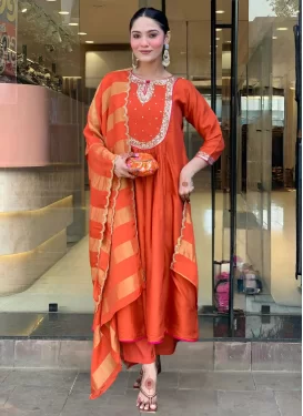 Resham Work Chanderi Silk Readymade Salwar Suit in Orange for Ceremonial
