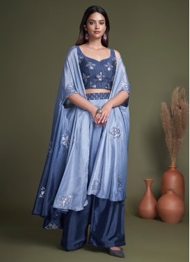Resham Work Chinon Light Blue and Navy Blue Readymade Designer Salwar Suit