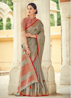 Resham Work Linen Designer Traditional Saree
