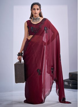 Resham Work Satin Silk Traditional Saree in Crimson for Women