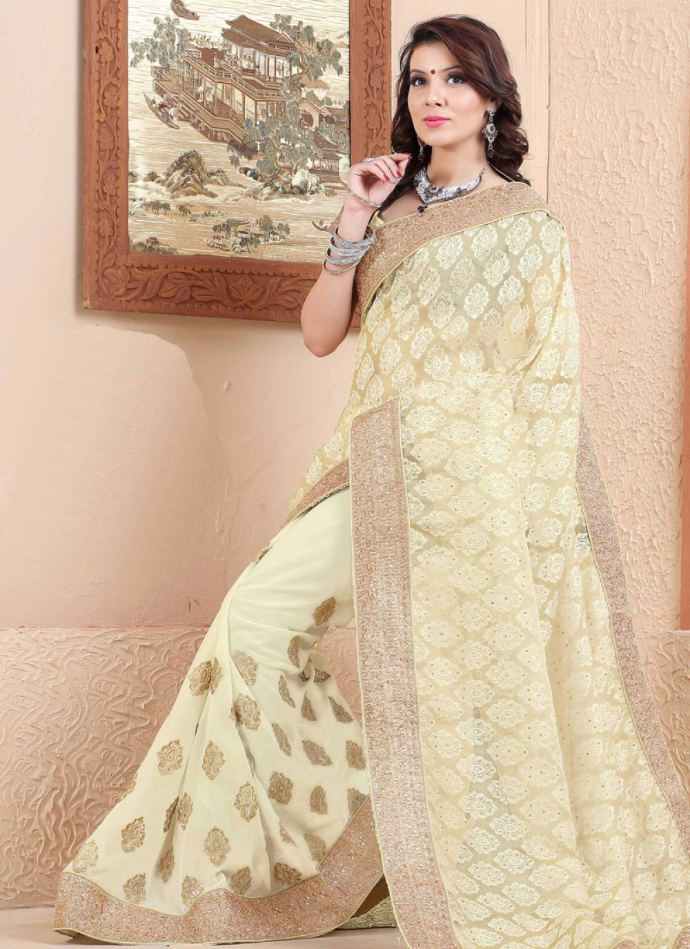 Buy Party Wear Cream Paithani Work Silk Saree Online From Surat Wholesale  Shop.