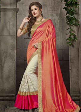 Riveting  Coral and Off White Net Embroidered Work Half N Half Trendy Saree