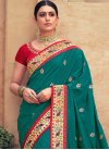 Embroidered Work Red and Teal Designer Contemporary Saree - 1