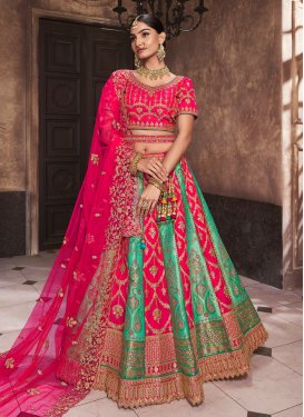 Rose Pink and Sea Green Banarasi Silk Designer A Line Lehenga Choli