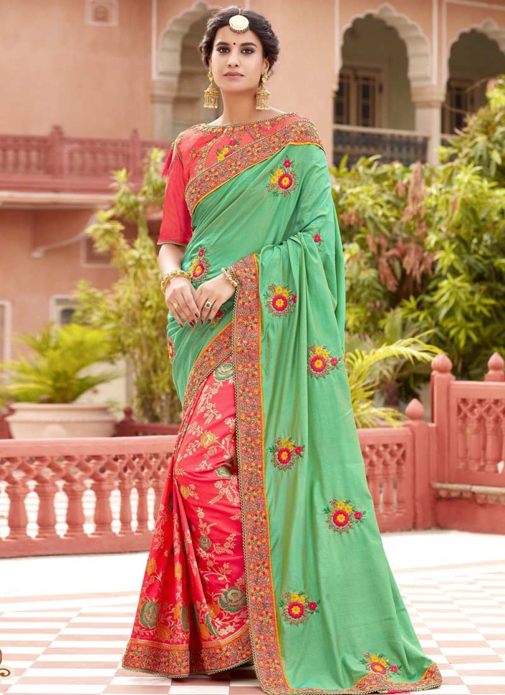 Buy Intrinsic Hot Pink And Sea Green Designer Half N Half Saree | Wedding  Sarees