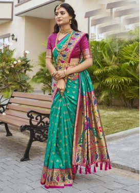 Rose Pink and Sea Green Woven Work Trendy Classic Saree
