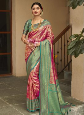 Rose Pink and Teal Designer Contemporary Style Saree