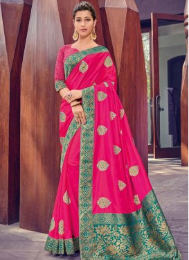 Rose Pink and Teal Embroidered Work Designer Contemporary Saree