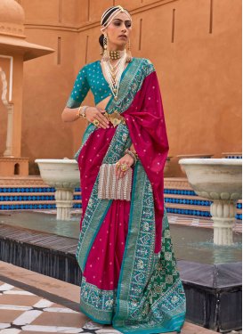 Rose Pink and Teal Print Work Designer Contemporary Style Saree
