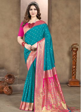 Rose Pink and Teal Silk Blend Designer Contemporary Style Saree