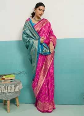 Rose Pink and Teal Silk Blend Traditional Saree with Woven Work for Casual