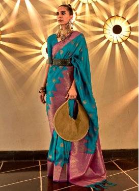 Rose Pink and Teal Woven Work Designer Contemporary Style Saree