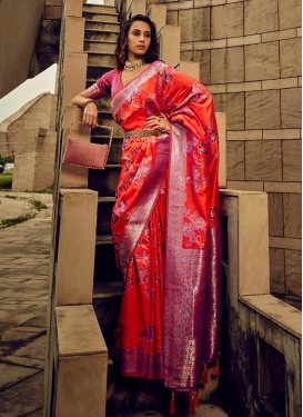 Rose Pink and Tomato Woven Work Traditional Designer Saree