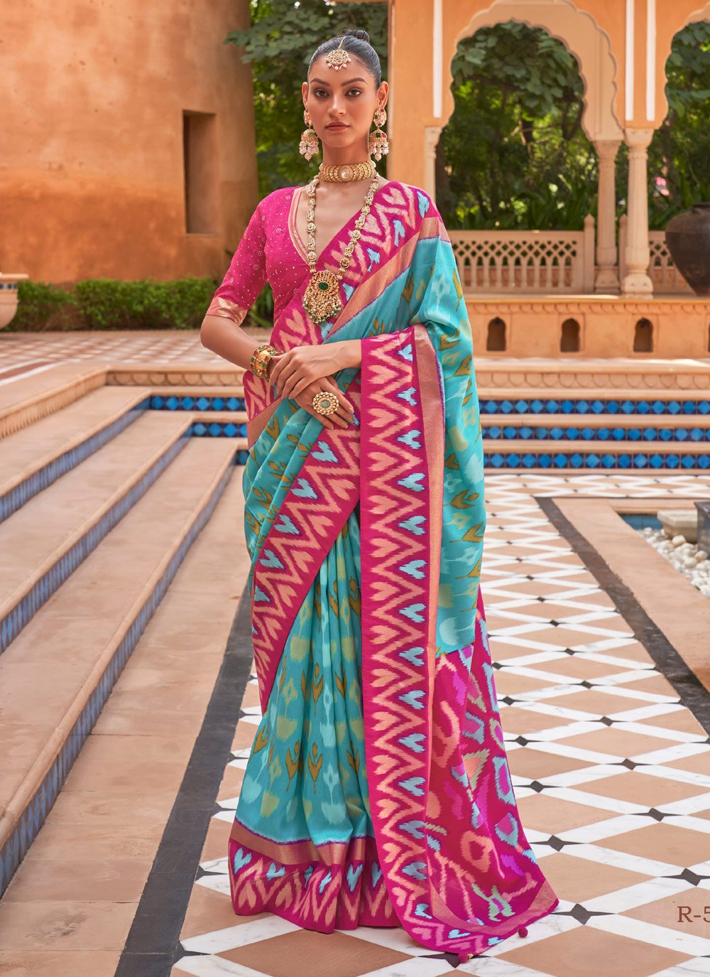 Rose Pink and Turquoise Patola Silk Designer Contemporary Style Saree