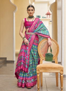 Rose Pink and Turquoise Print Work Patola Silk Designer Contemporary Style Saree