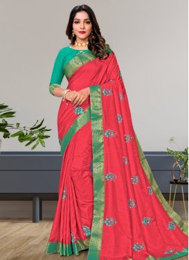 Rose Pink and Turquoise Vichitra Silk Designer Traditional Saree