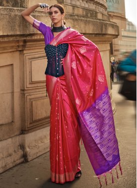 Rose Pink and Violet Handloom Silk Designer Contemporary Style Saree