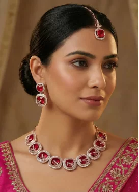 Rose Pink and White Stone Work Alloy Gold Rodium Polish Necklace Set