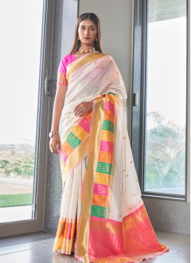 Rose Pink and White Woven Work Trendy Classic Saree