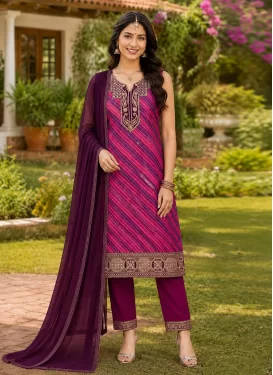 Rose Pink and Wine Georgette Readymade Salwar Suit with Embroidered Work for Ceremonial