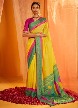 Rose Pink and Yellow Brasso Trendy Classic Saree For Ceremonial