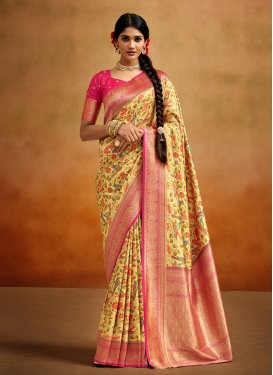 Rose Pink and Yellow Woven Work Designer Traditional Saree