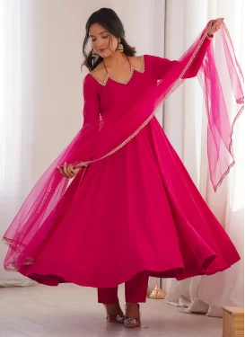 Rose Pink Chanderi Silk Mirror Work Anarkali Suit for Women