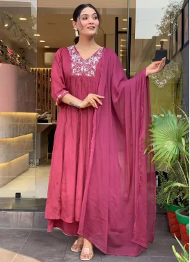 Rose Pink Chanderi Silk Readymade Salwar Suit with Embroidered Work for Festival