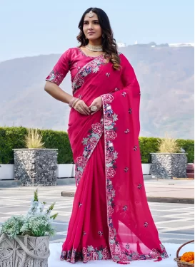 Rose Pink Chiffon Satin Traditional Saree with Embroidered Work for Ceremonial