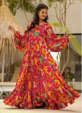 Rose Pink Chinon Digital Print Work Designer Gown for Women