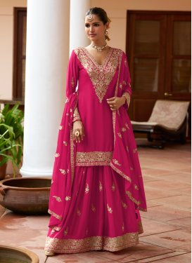 Rose Pink Chinon Embroidered Work Palazzo Suit for Women