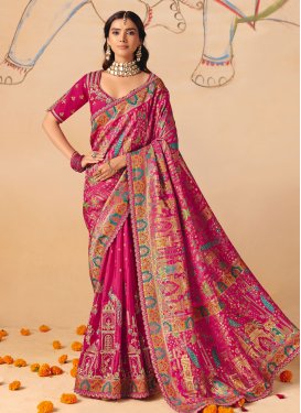 Rose Pink Dola Silk Embroidered Work Classic Saree for Women
