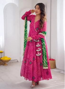 Rose Pink Georgette Anarkali Suit with Bandhani Print Work for Festival