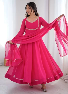 Rose Pink Georgette Lace Work Anarkali Suit for Women