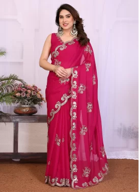 Rose Pink Georgette Traditional Saree with Embroidered Work for Casual