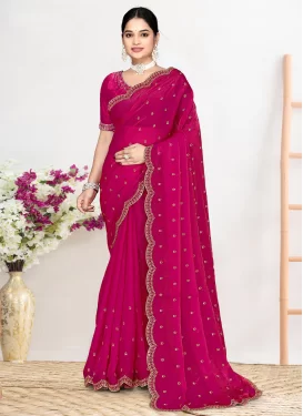 Rose Pink Satin Silk Swarovski Work Trendy Saree for Women
