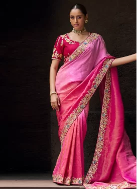 Rose Pink Viscose Classic Saree with Embroidered Work for Party