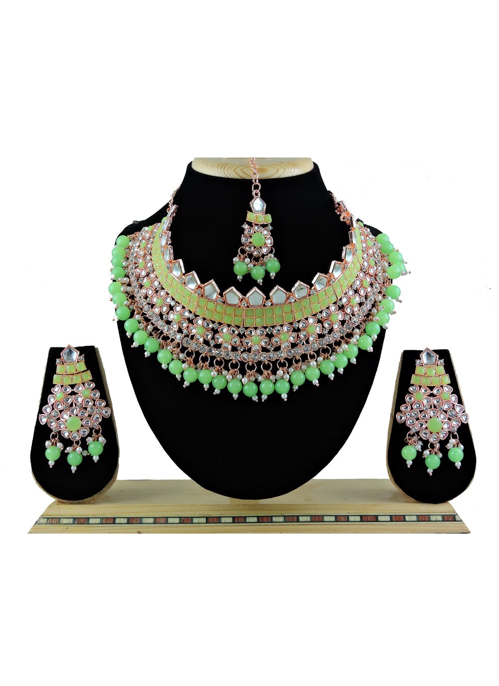Royal Alloy Sea Green and White Beads Work Necklace Set