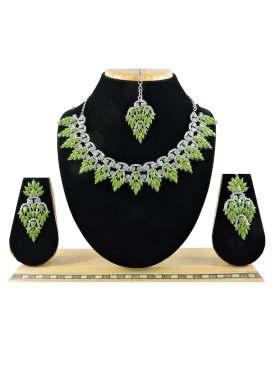 Royal Alloy Silver Rodium Polish Mint Green and Silver Color Stone Work Necklace Set