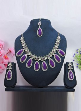 Royal Alloy Silver Rodium Polish Purple and White Stone Work Necklace Set