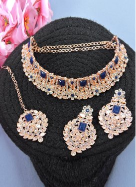 Royal Alloy Stone Work Navy Blue and White Gold Rodium Polish Necklace Set