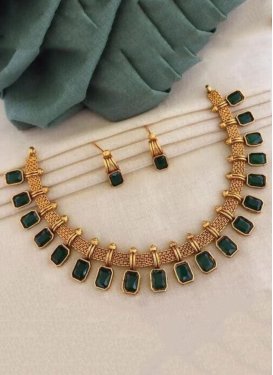 Royal Gold and Green Stone Work Alloy Gold Rodium Polish Necklace Set