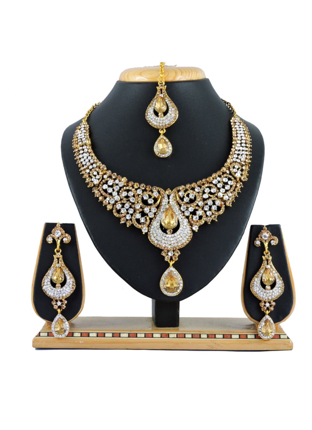 Royal Gold and White Alloy Gold Rodium Polish Necklace Set For Festival